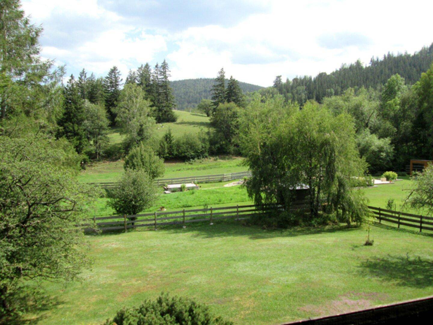 Panoramablick auf die grüne Landschaft mit Wiesen, Bäumen und Hügeln.