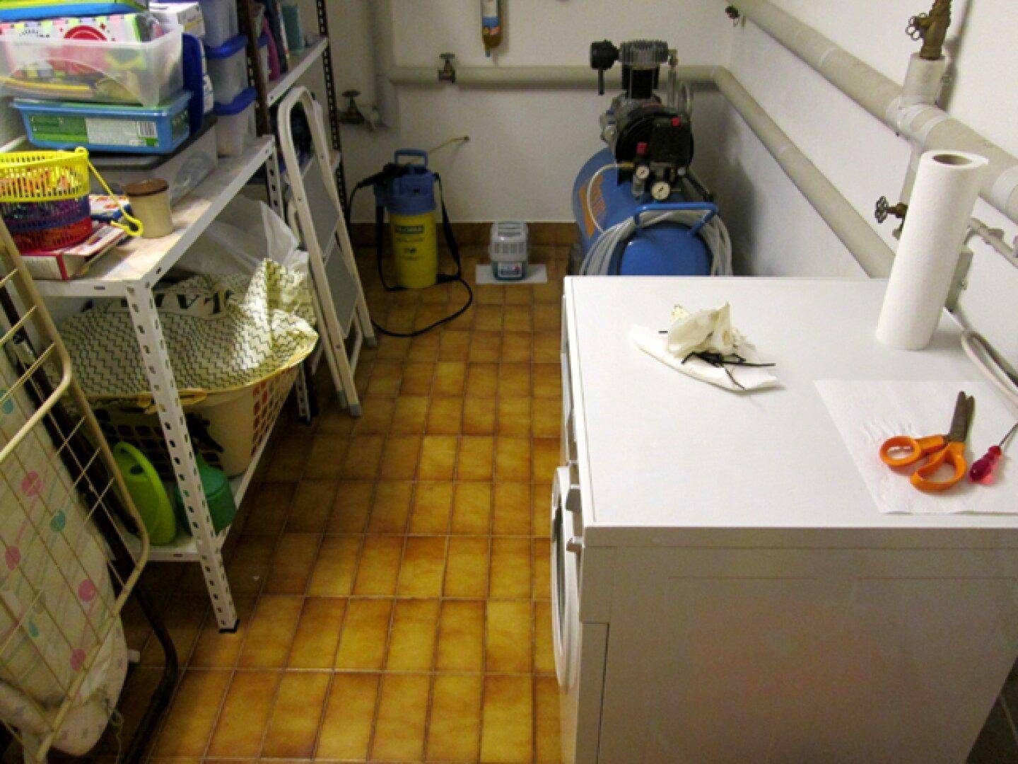 Kellerraum mit Waschmaschine, Regalen und verschiedenen Haushaltsgegenständen auf Fliesenboden.