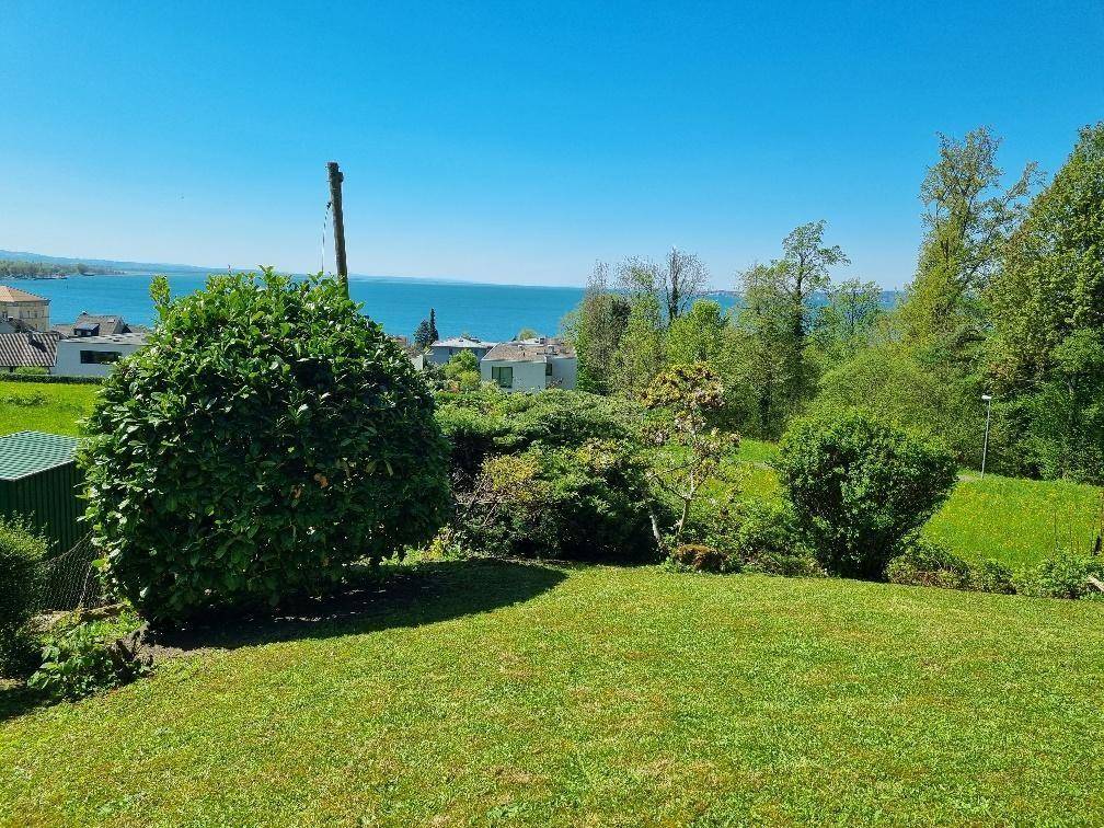 Weitläufiger grüner Garten mit Büschen und einem schönen Blick auf den See unter blauem Himmel.