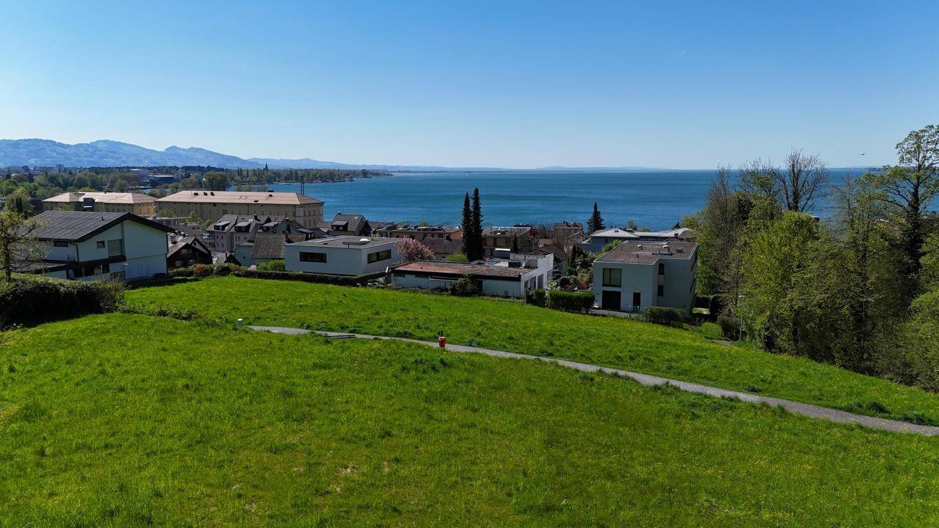 Panoramablick über grüne Hügel, Wohnhäuser und den weiten Bodensee mit Alpenpanorama im Hintergrund.