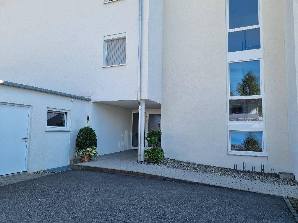 Moderner Gebäudeeingang mit Rampe, großen Fenstern und gepflegten Pflanzen.