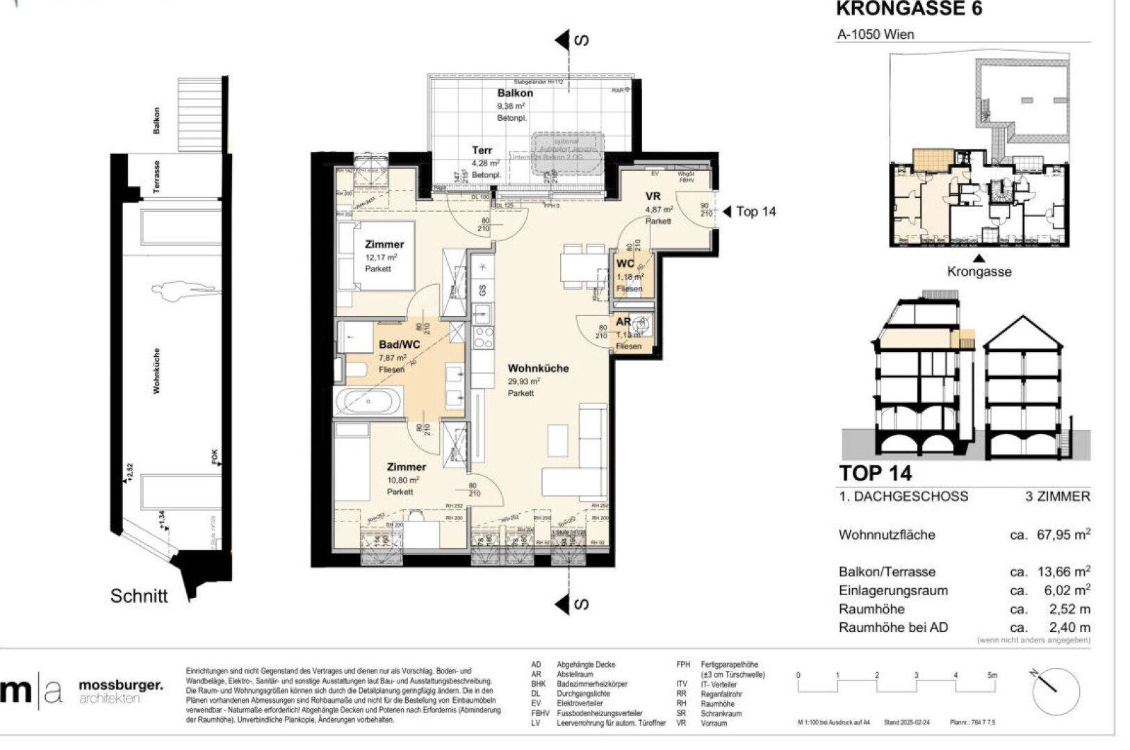 Detaillierter Grundriss einer 3-Zimmer-Wohnung mit Balkon und Terrasse im Dachgeschoss.