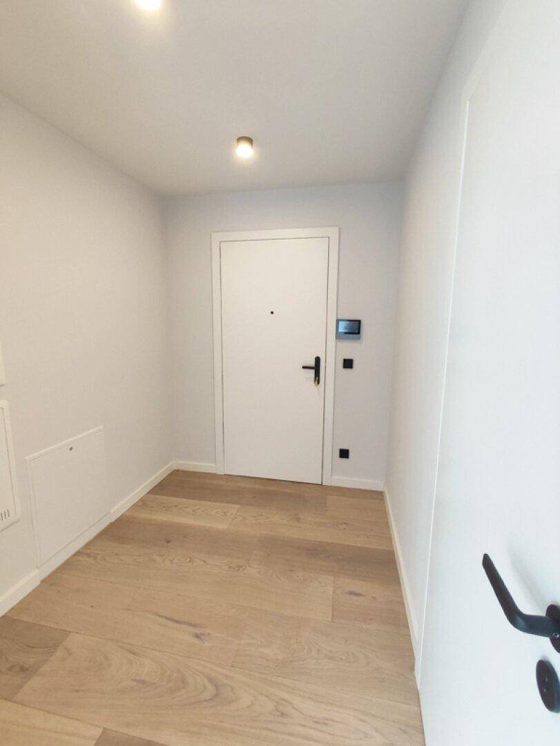 Heller Eingangsbereich mit Holzboden und moderner weißer Tür, die zum Wohnbereich führt.