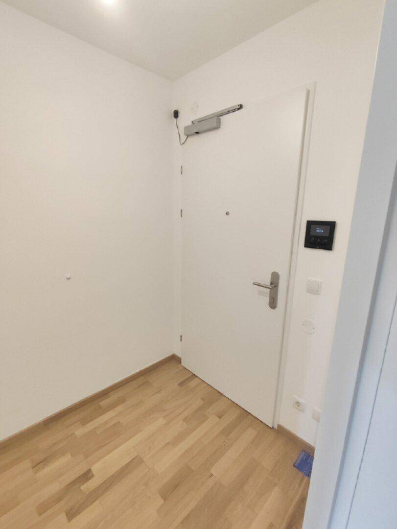Eingangsbereich mit hellem Parkettboden und einer modernen weißen Wohnungstür.
