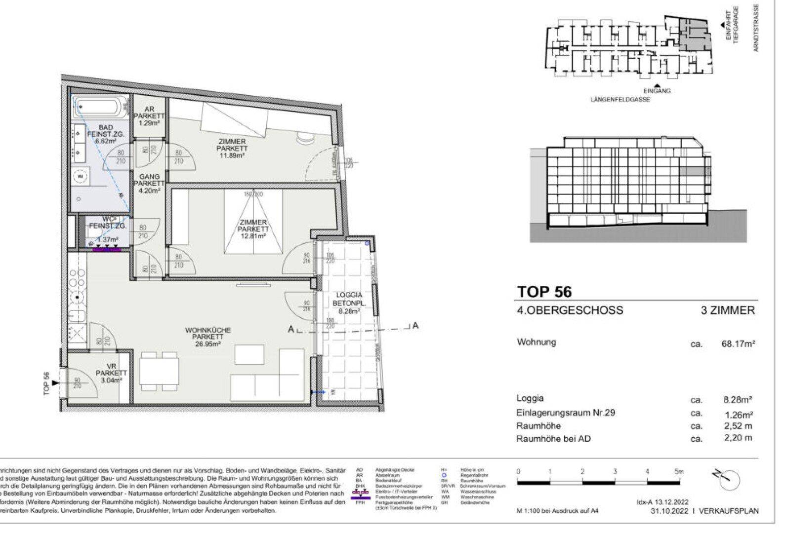 Detaillierter Grundriss der Wohnung Top 56 im 4. Obergeschoss mit Loggia.