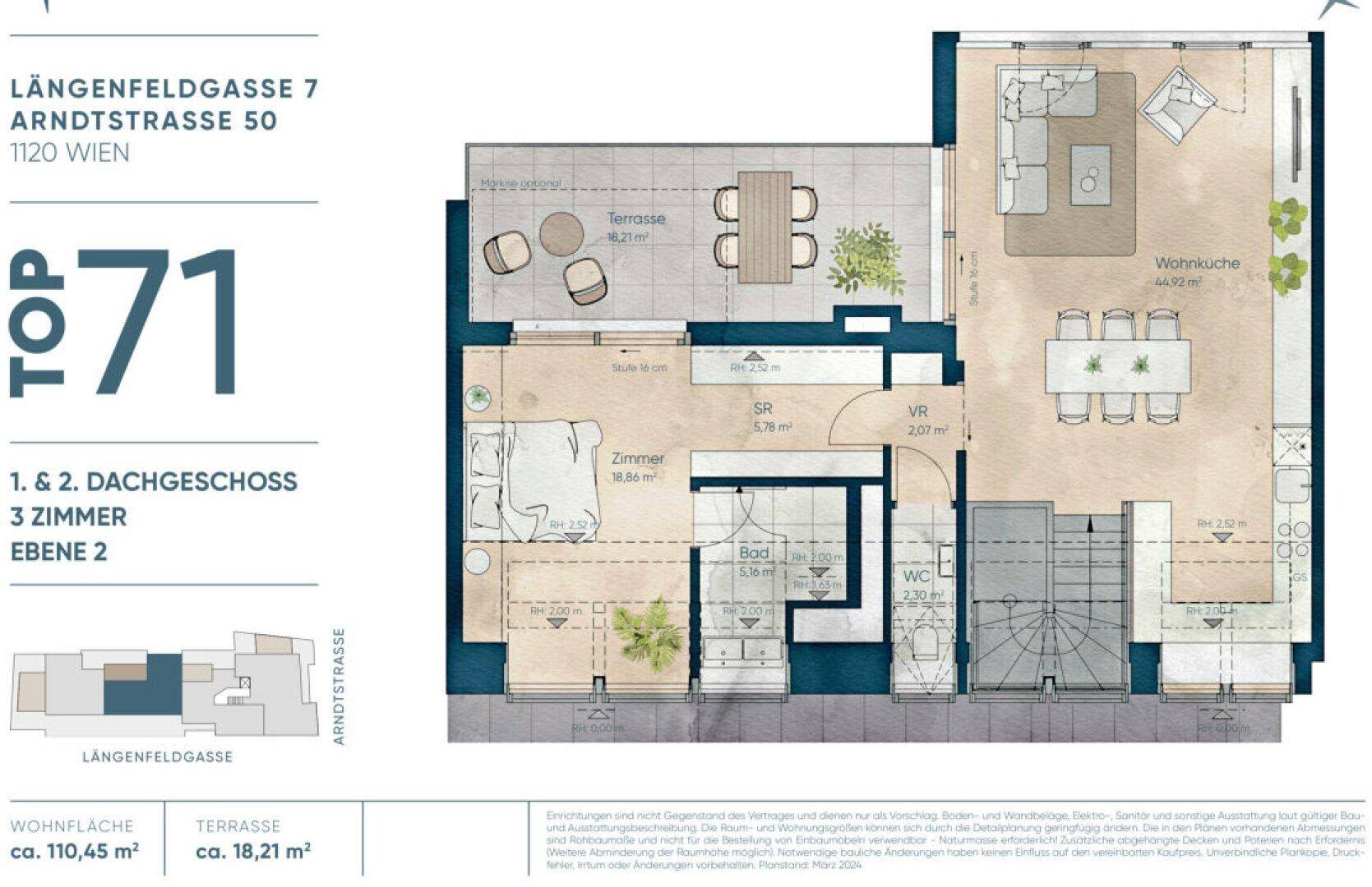 Grundriss der zweiten Ebene einer Dachgeschosswohnung mit Wohnküche, Schlafzimmer und großer Terrasse.