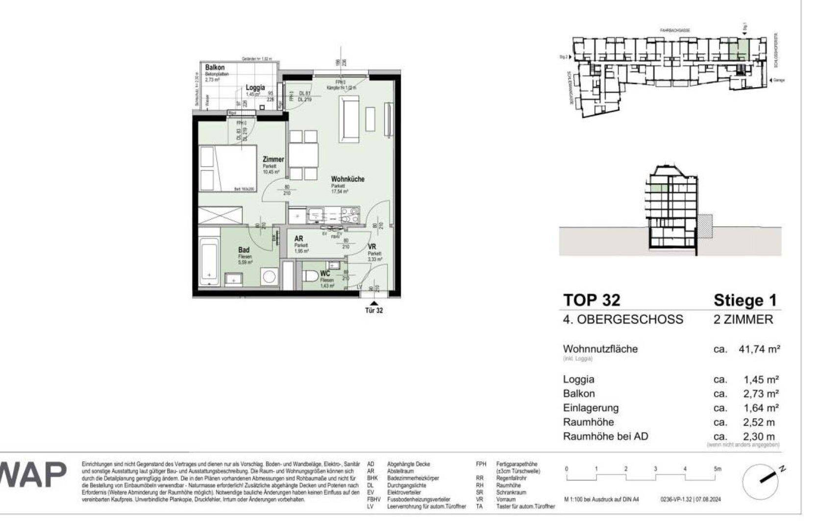 Detaillierter Grundriss einer 2-Zimmer-Wohnung im 4. Obergeschoss mit Balkon und Loggia.