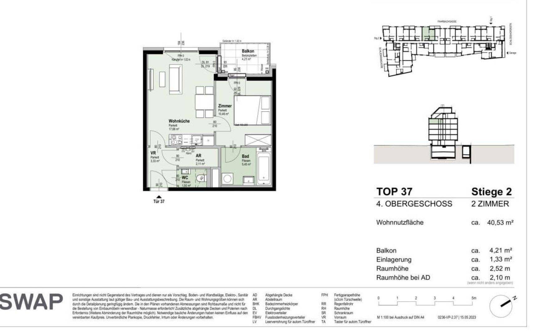 Grundriss einer 2-Zimmer-Wohnung im 4. Obergeschoss mit Balkon und 40,53 m² Wohnfläche.
