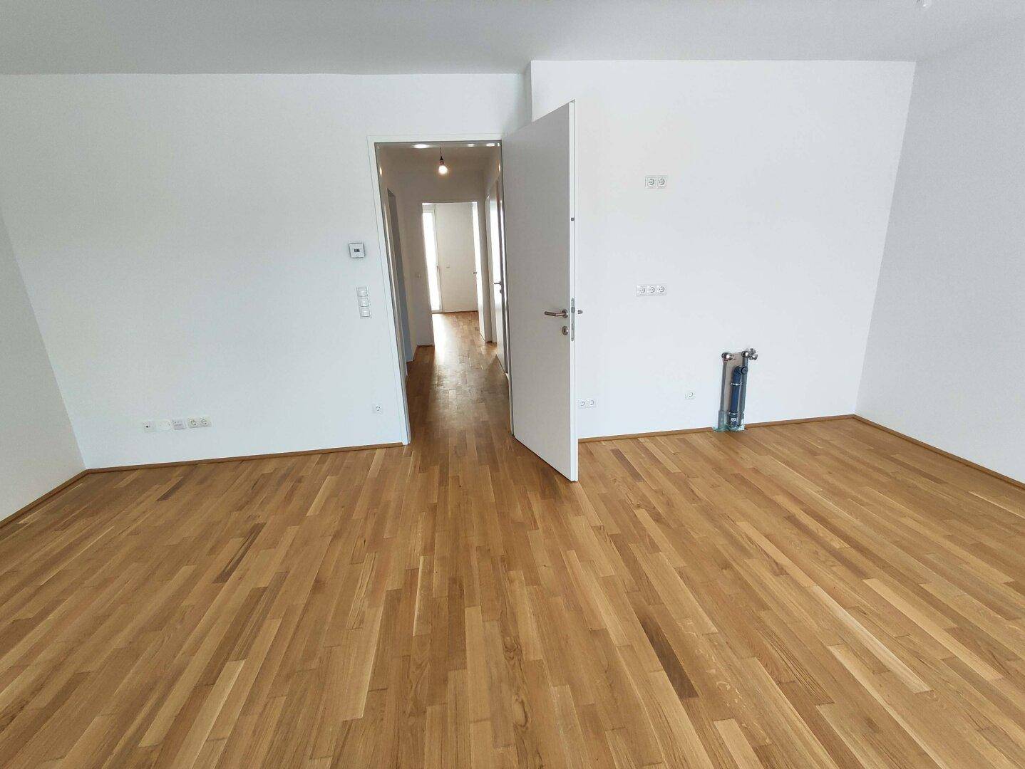 Geräumiger, leerer Raum mit Parkettboden und sichtbaren Anschlüssen für eine zukünftige Küche.
