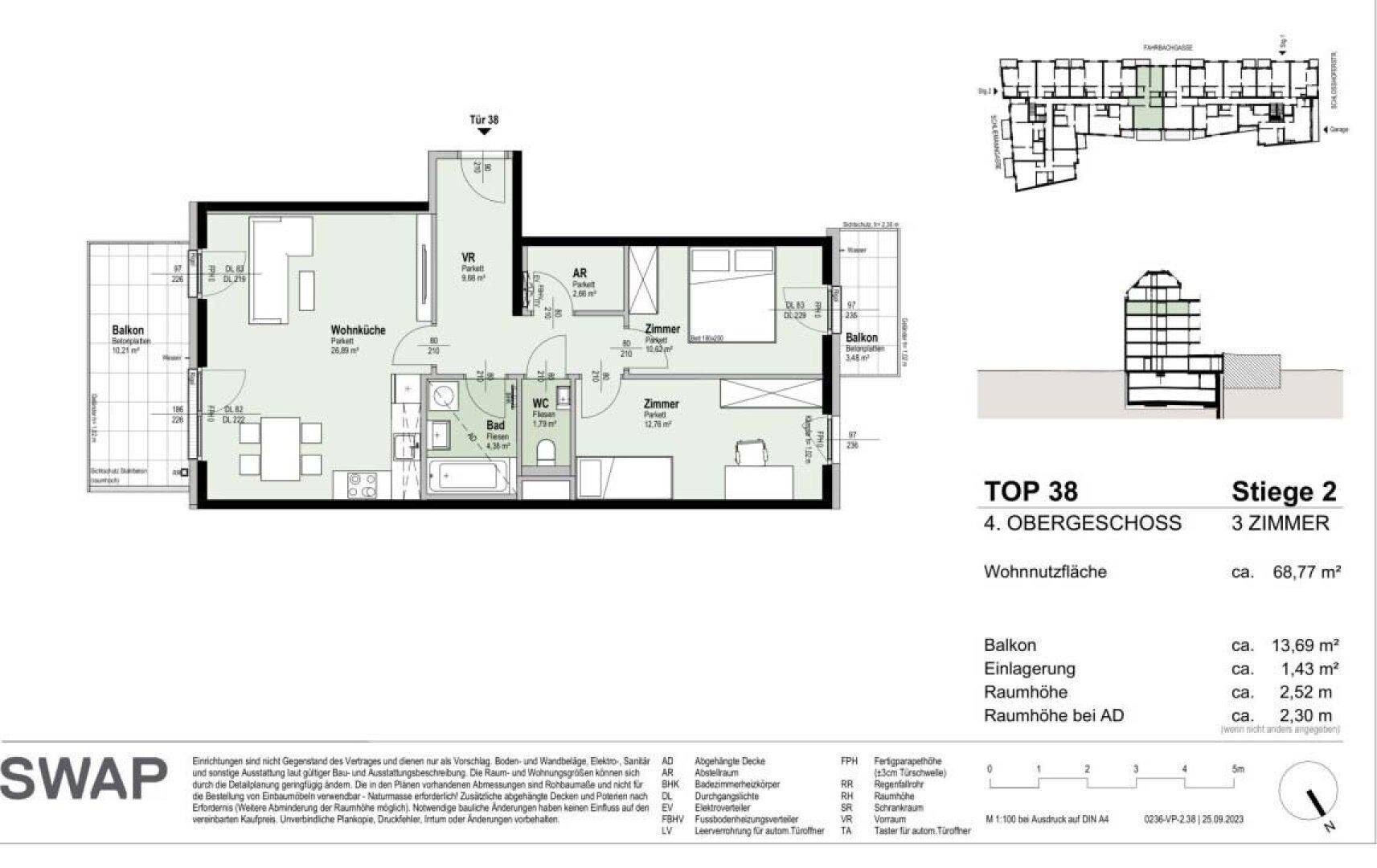 Grundriss einer 3-Zimmer-Wohnung mit offener Wohnküche, zwei Schlafzimmern und zwei Balkonen.