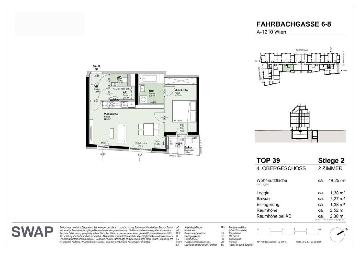Detaillierter Grundriss einer 2-Zimmer-Wohnung im 4. Obergeschoss mit Loggia und Balkon.