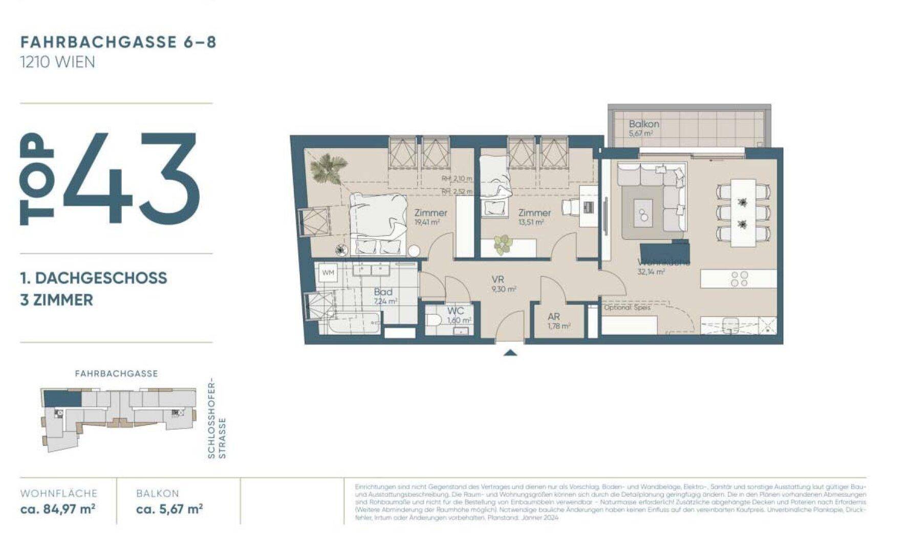 Grundriss der Dachgeschosswohnung Top 43 mit drei Zimmern, Balkon und einer Wohnfläche von 84,97 m².