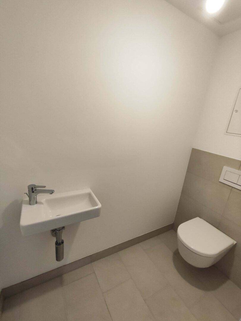 Modernes Gäste-WC mit wandhängender Toilette und kleinem Waschbecken in minimalistischem Design.