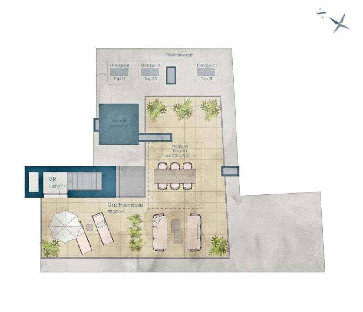 Grundriss einer großzügigen Dachterrasse mit Essbereich und Liegemöglichkeiten für Entspannung.