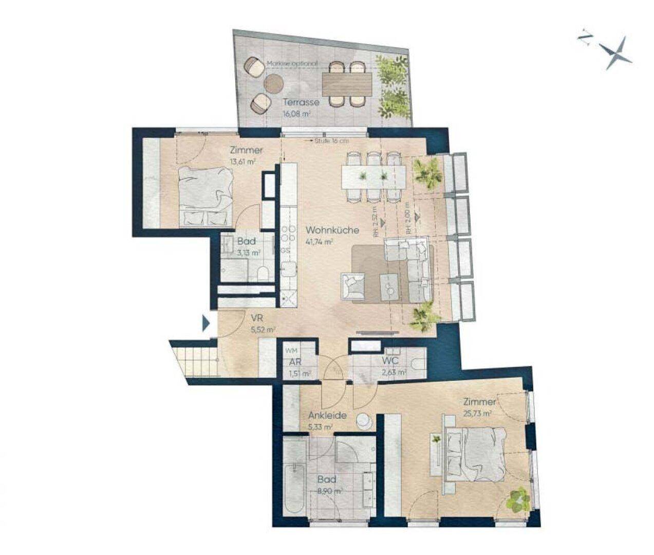 Grundriss einer Wohnung mit offener Wohnküche, zwei Schlafzimmern, zwei Bädern und einer Terrasse.