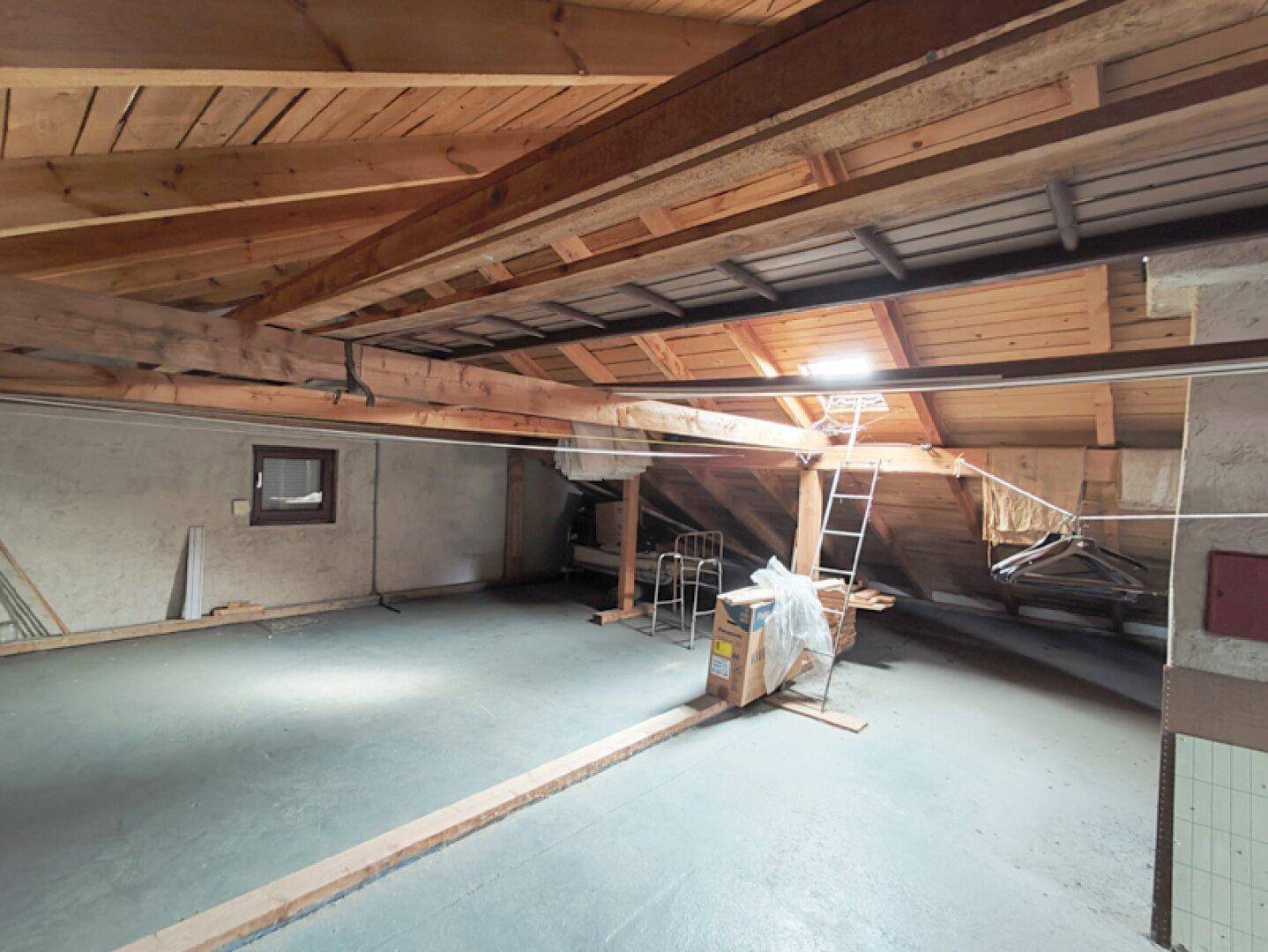 Geräumiger Dachboden mit Holzdachstuhl und natürlichem Lichteinfall.