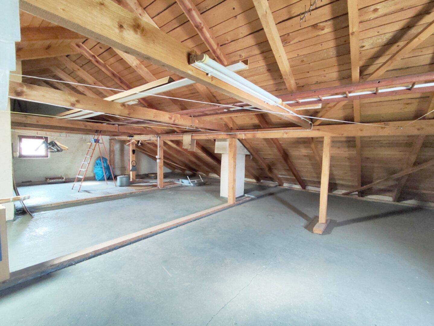 Geräumiger Dachboden mit sichtbaren Holzbalken und Betonboden, bereit für Ausbau oder Lagerung.