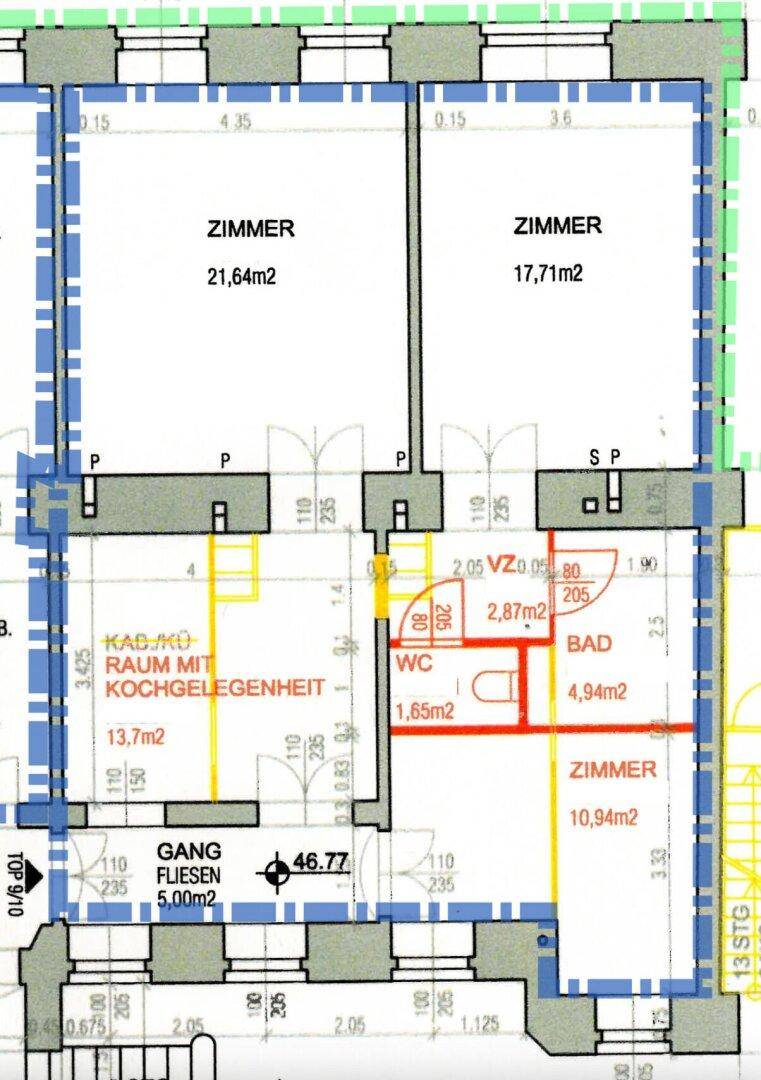 Grundriss einer Wohnung mit mehreren Zimmern, Bad, WC und Kochgelegenheit.