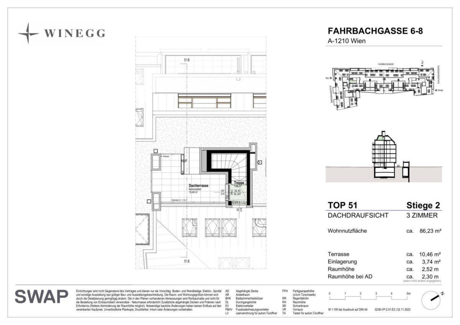 Dachaufsicht des Apartments Top 51, die die Dachterrasse und die umliegende Dachstruktur zeigt.