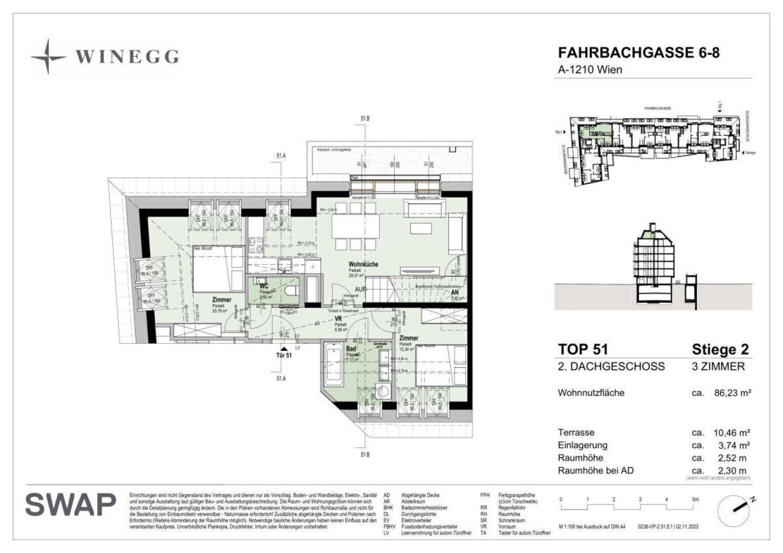 Grundriss des Dachgeschoss-Apartments Top 51 mit drei Zimmern und einer Wohnnutzfläche von 86,23 m².