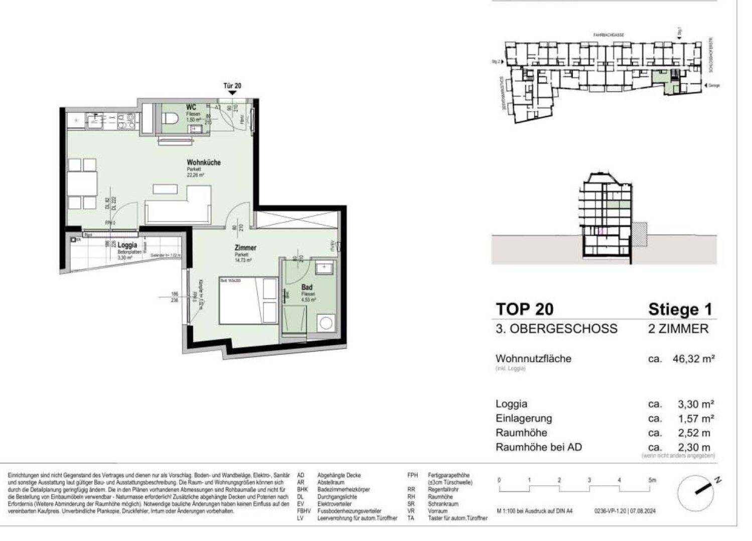 Grundriss der Wohnung TOP 20 im 3. Obergeschoss mit Loggia und zwei Zimmern.