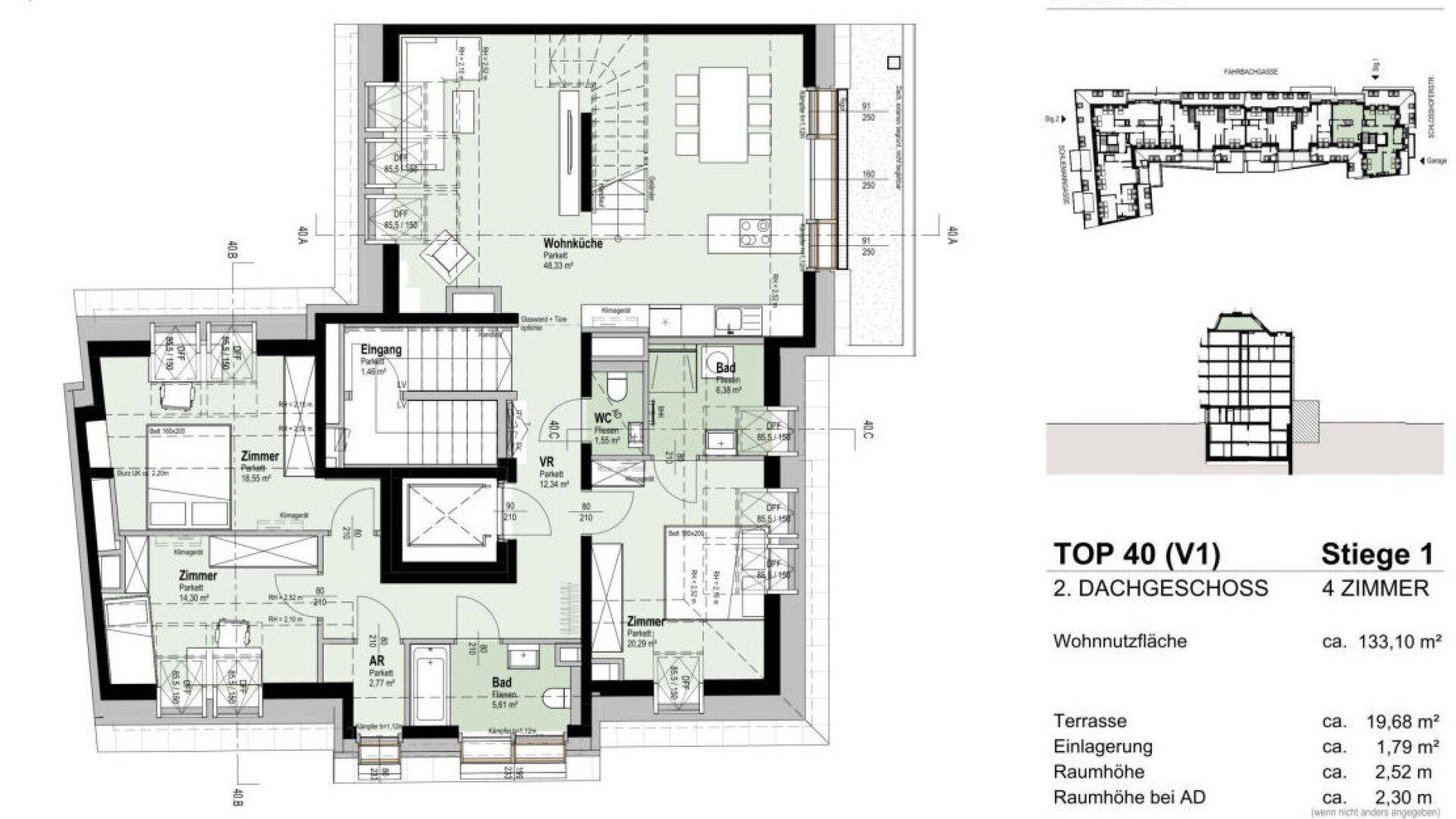 Grundriss des Dachgeschosses mit vier Zimmern, offener Wohnküche und Terrasse.