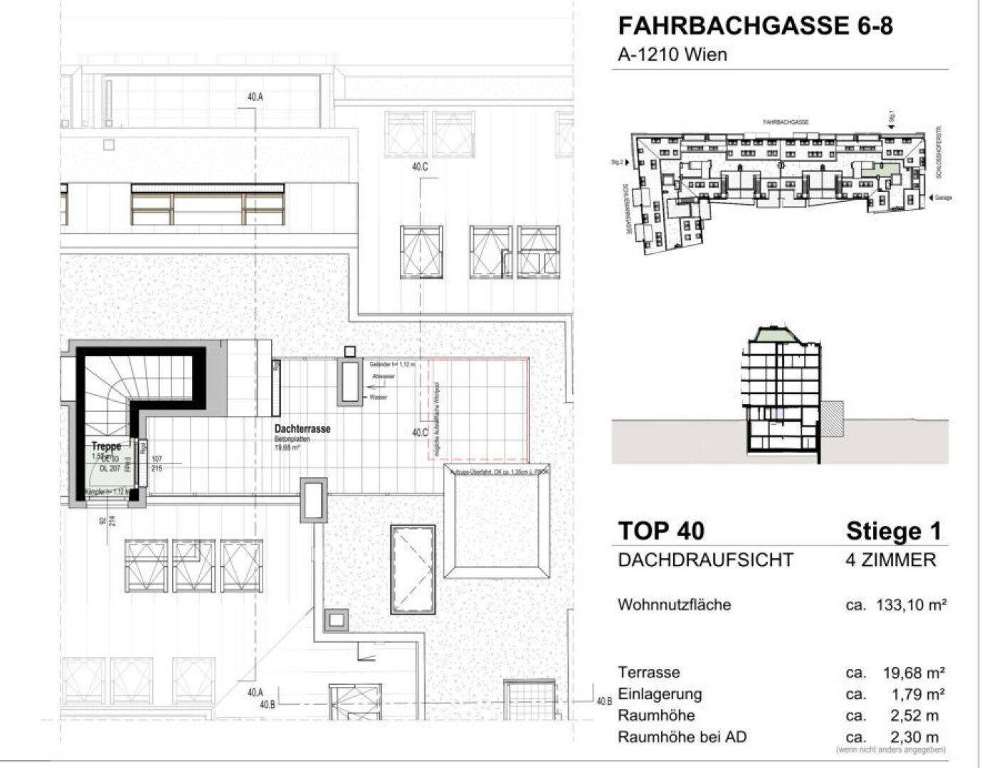 Dachaufsicht des Gebäudes mit eingezeichneter Dachterrasse und Gesamtübersicht der Etagen.