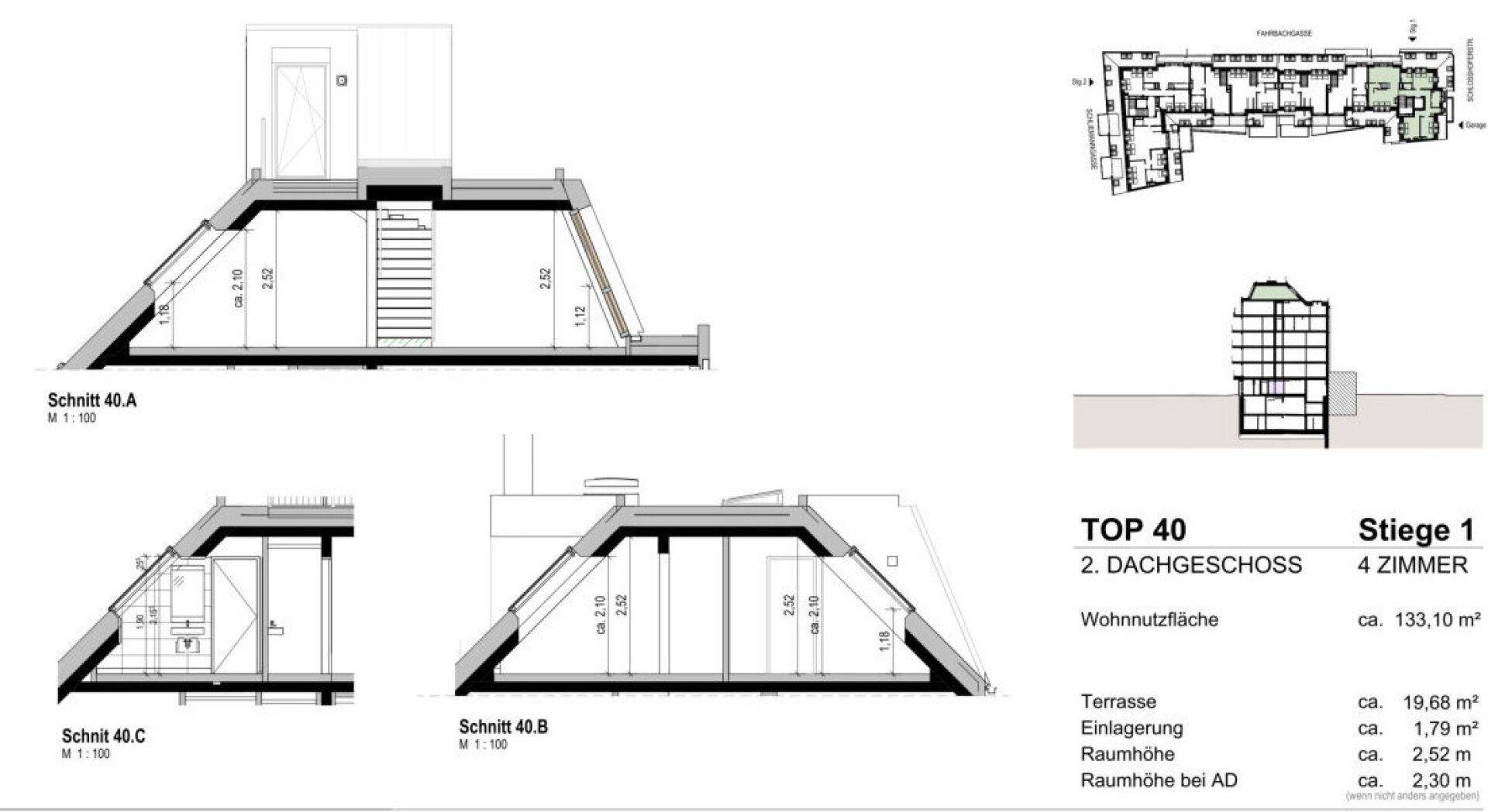 Architektonische Schnitte des Dachgeschosses zeigen die Raumhöhen und Dachschrägen.