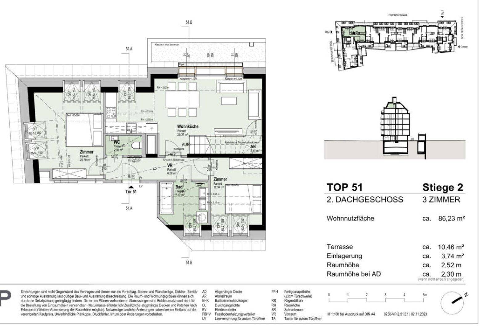 Grundriss einer 3-Zimmer-Wohnung im Dachgeschoss mit Terrasse und einer Wohnnutzfläche von 86,23 m².