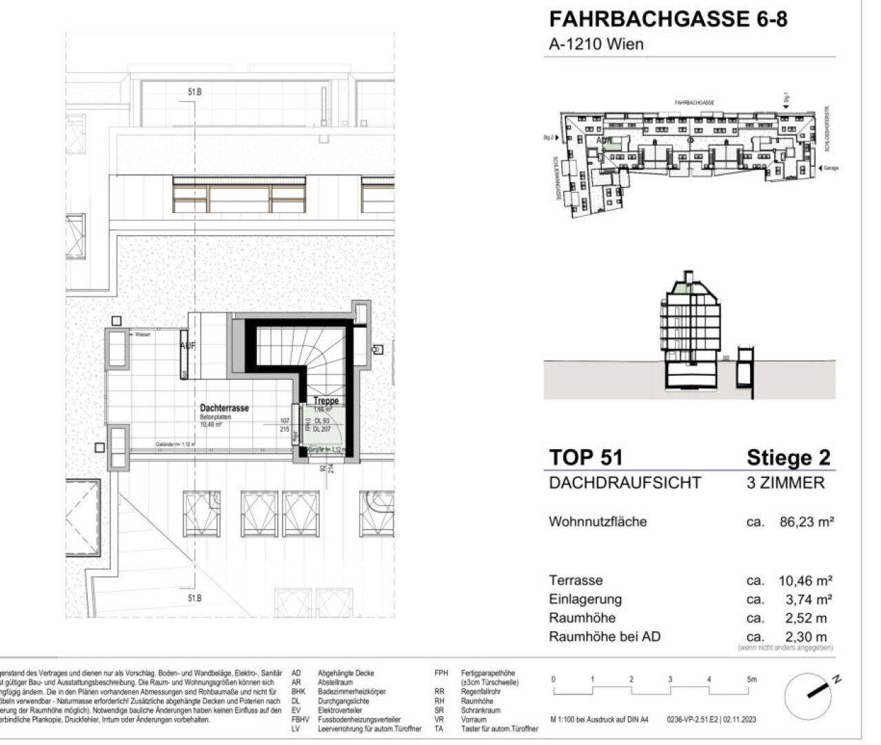 Dachaufsicht des Grundrisses einer 3-Zimmer-Wohnung mit großer Dachterrasse und Treppenzugang.