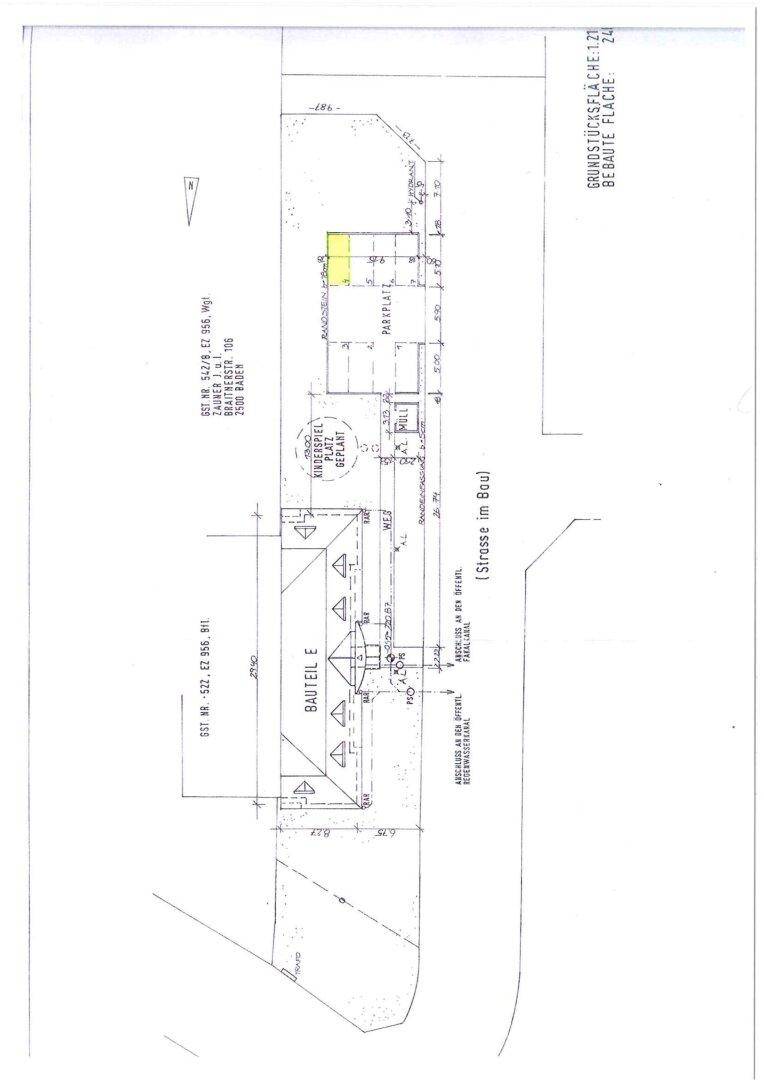 Lageplan des Gebäudes "Bauteil E" mit umliegender Straße und Parkplätzen.