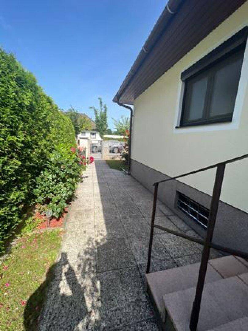 Gepflasterter Seitenweg entlang des Hauses mit grüner Hecke und Fenster mit Rollladen.