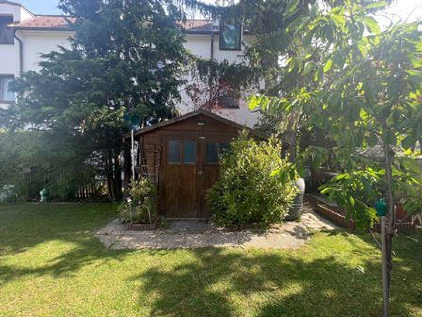 Kleiner Holzschuppen im Garten, umgeben von Bäumen und grüner Vegetation an einem sonnigen Tag.