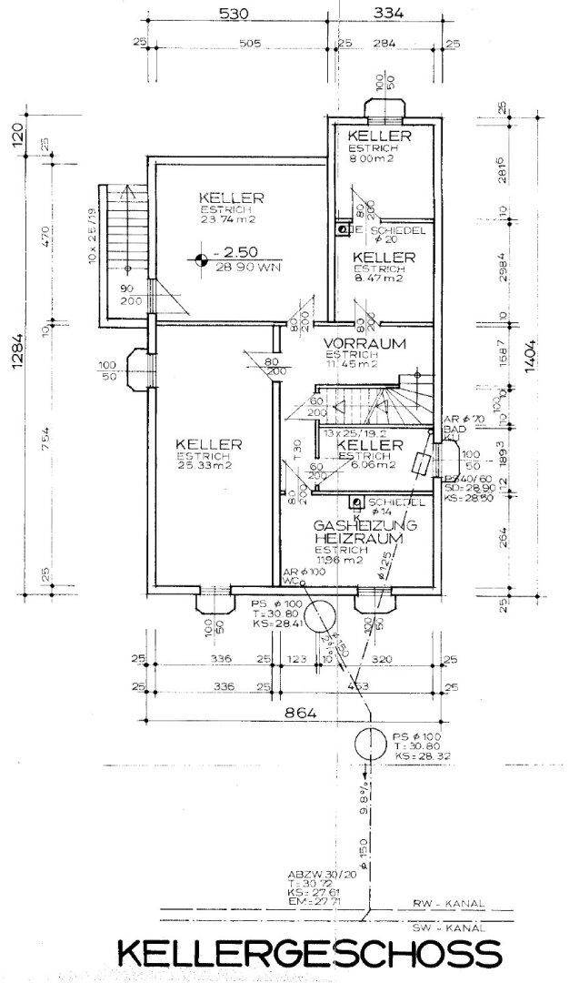 Grundriss des Kellergeschosses mit verschiedenen Kellerräumen, Vorraum und dem Gasheizraum.