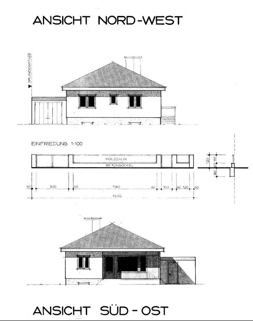 Architektonische Ansichten des Hauses von Nord-West und Süd-Ost, inklusive Zaun-Detail.