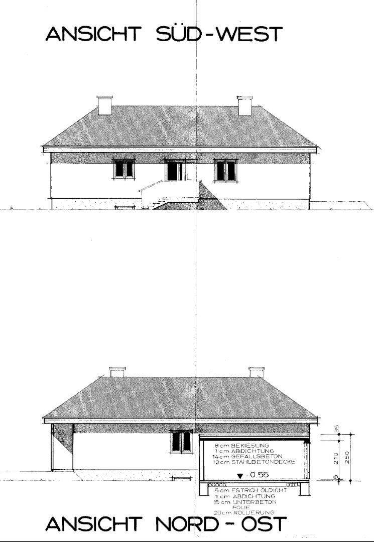 Architektonische Ansichten des Hauses von Süd-West und Nord-Ost mit Details zur Fassadengestaltung.