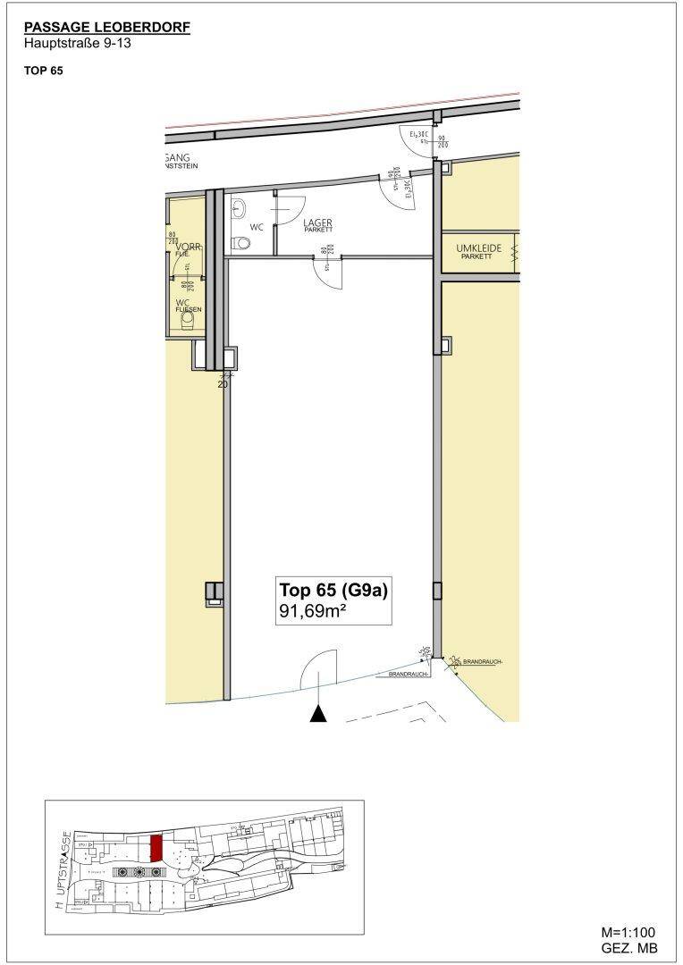 Grundriss für das Ladenlokal Top 65 (G9a) mit 91,69m², inklusive Lager und WC.