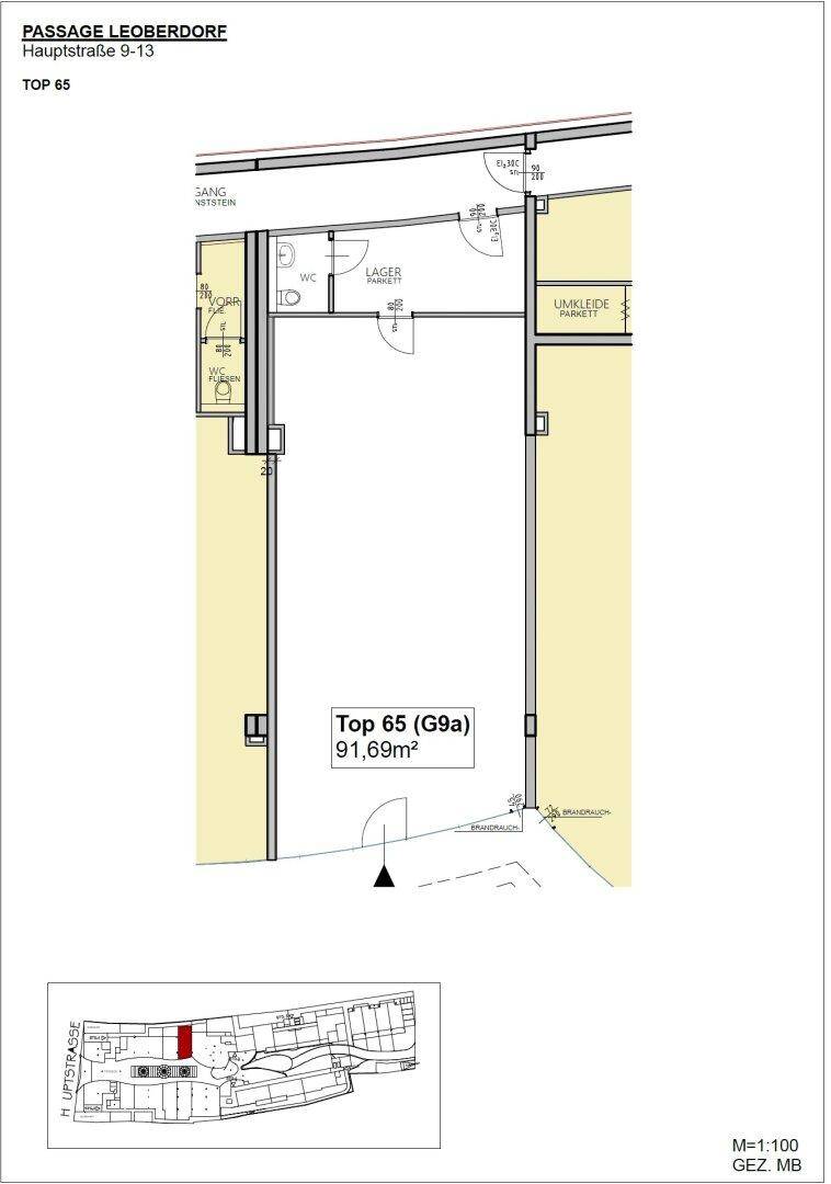 Grundriss für das Ladenlokal Top 65 (G9a) mit 91,69m², inklusive Lager und WC.