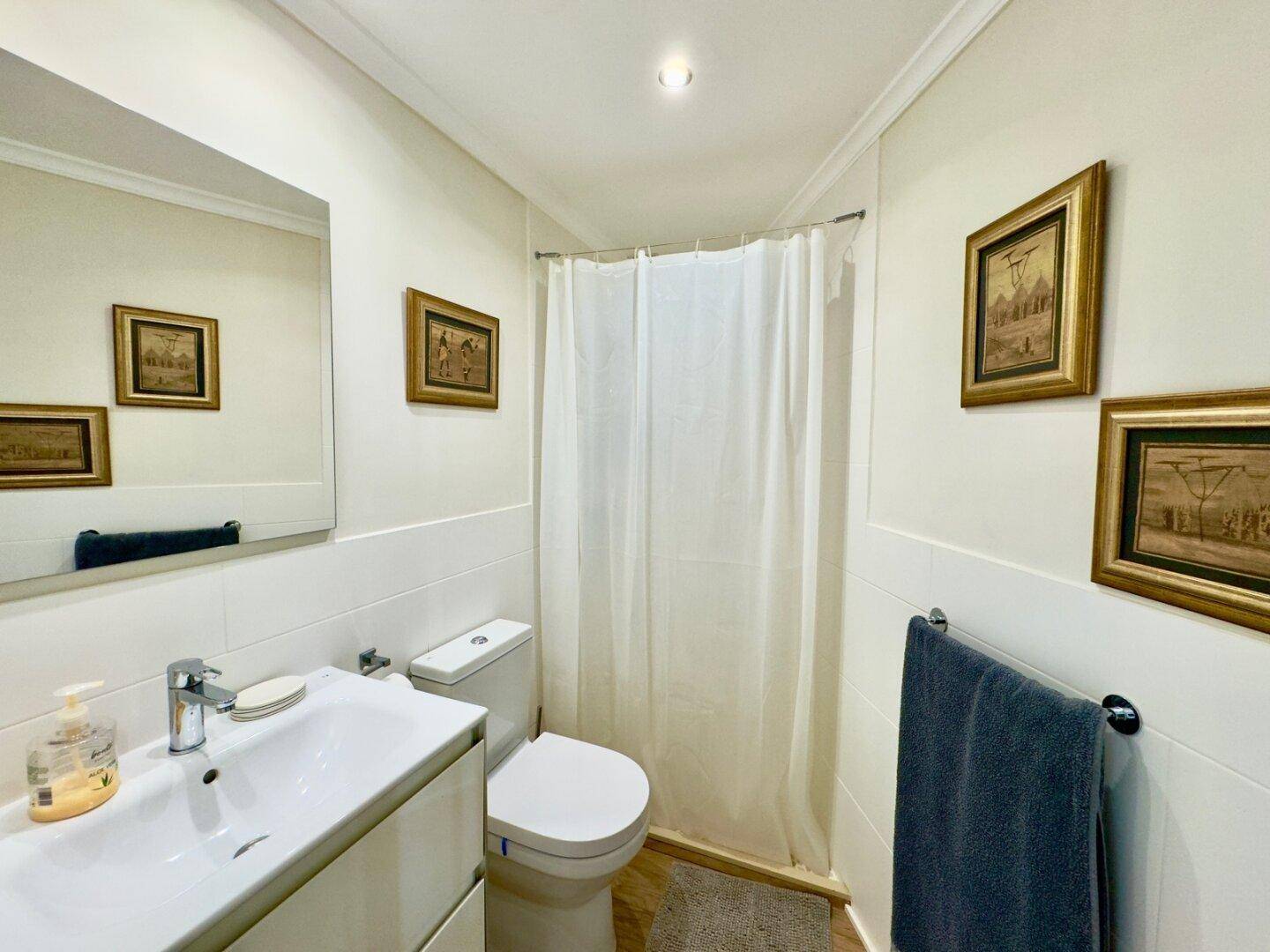 Badezimmer mit Duschvorhang, WC und modernem Waschtisch.