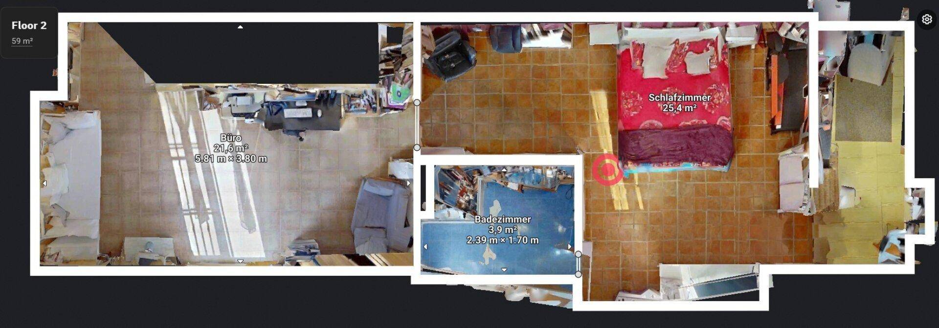 Grundriss des zweiten Stocks mit Schlafzimmer, Büro und Badezimmer unter Dachschrägen.