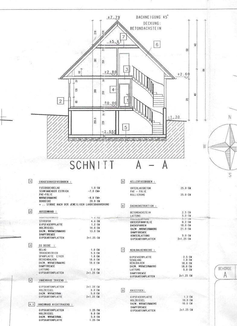 Querschnitt des Hauses mit Darstellung der Geschosse, Keller und Konstruktionsdetails.