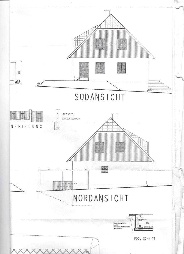Architektonische Ansichten des Hauses von Süd und Nord, inklusive Zaun- und Pool-Schnittdetails.