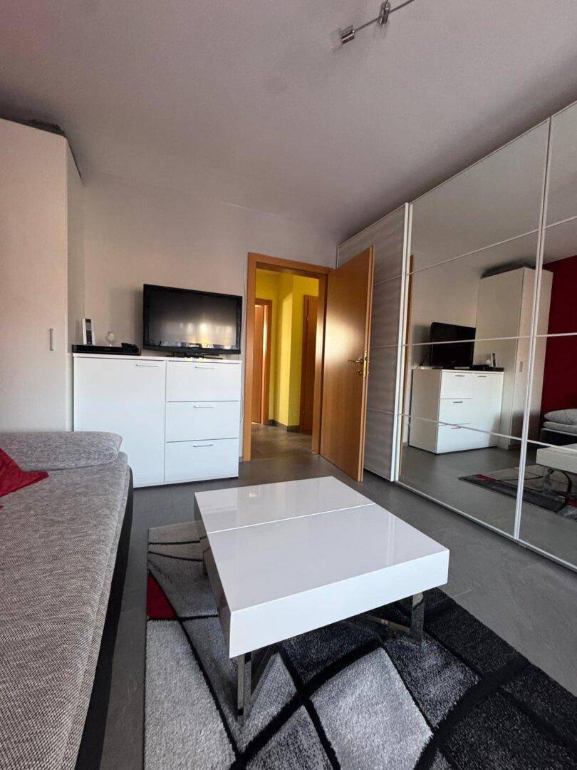 Wohnzimmer mit Schlafsofa, TV-Möbeln und einem großen Spiegelschrank, der den Raum erweitert.