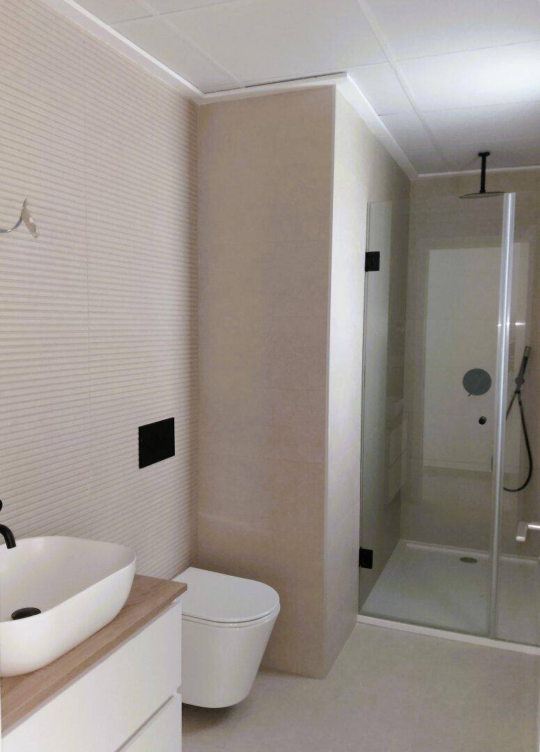 Modernes Badezimmer mit begehbarer Dusche, wandhängendem WC und stilvollem Waschbecken.