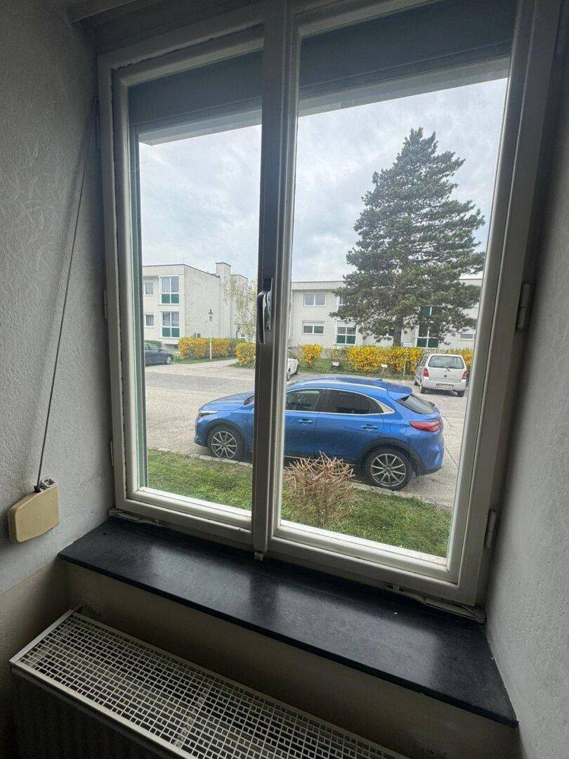 Blick aus dem Fenster auf die Straße mit parkenden Autos und umliegenden Gebäuden.