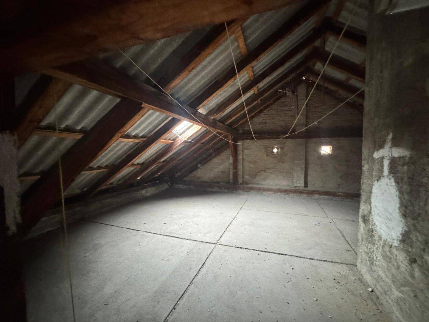 Geräumiger, unfertiger Dachboden mit sichtbaren Holzbalken, Wellblechdach und Betonboden.