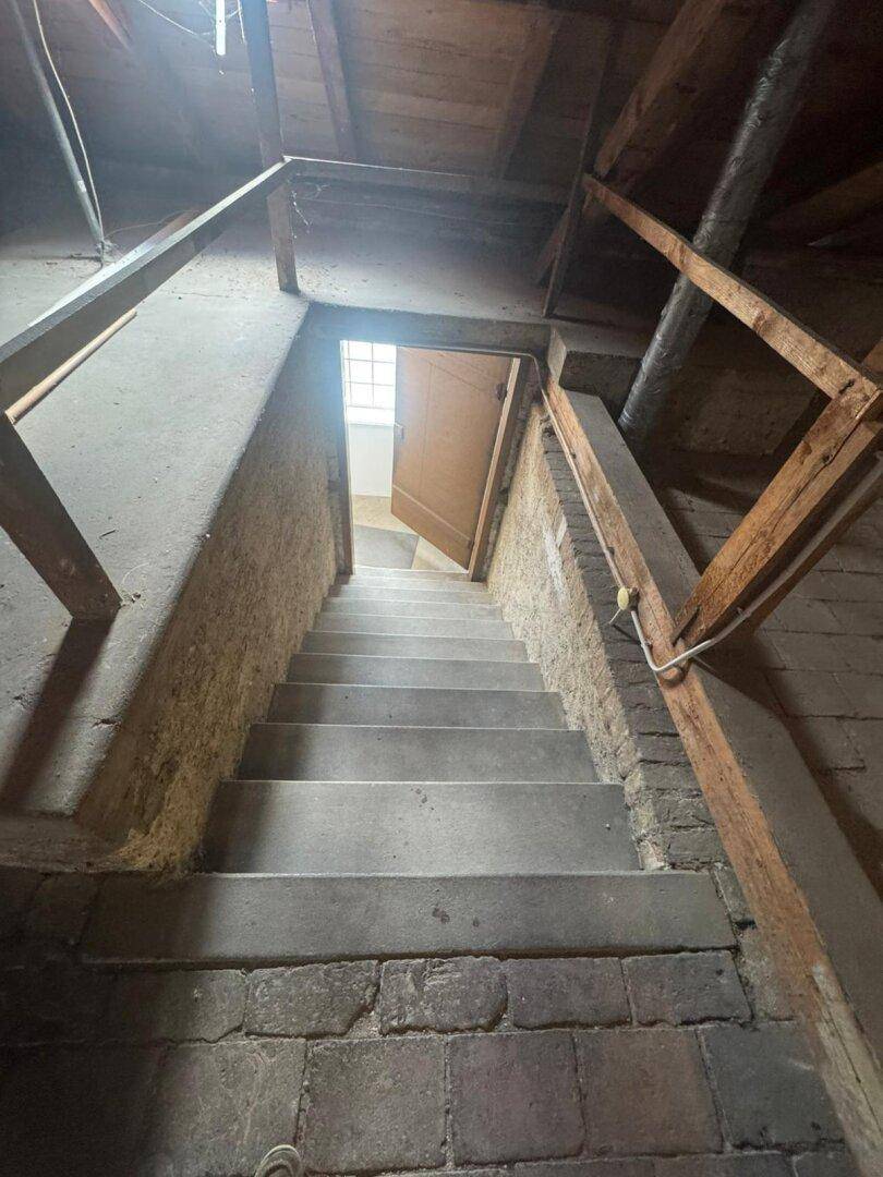 Treppe führt hinunter in einen dunklen, unfertigen Kellerbereich mit Ziegelwänden und Betonstufen.