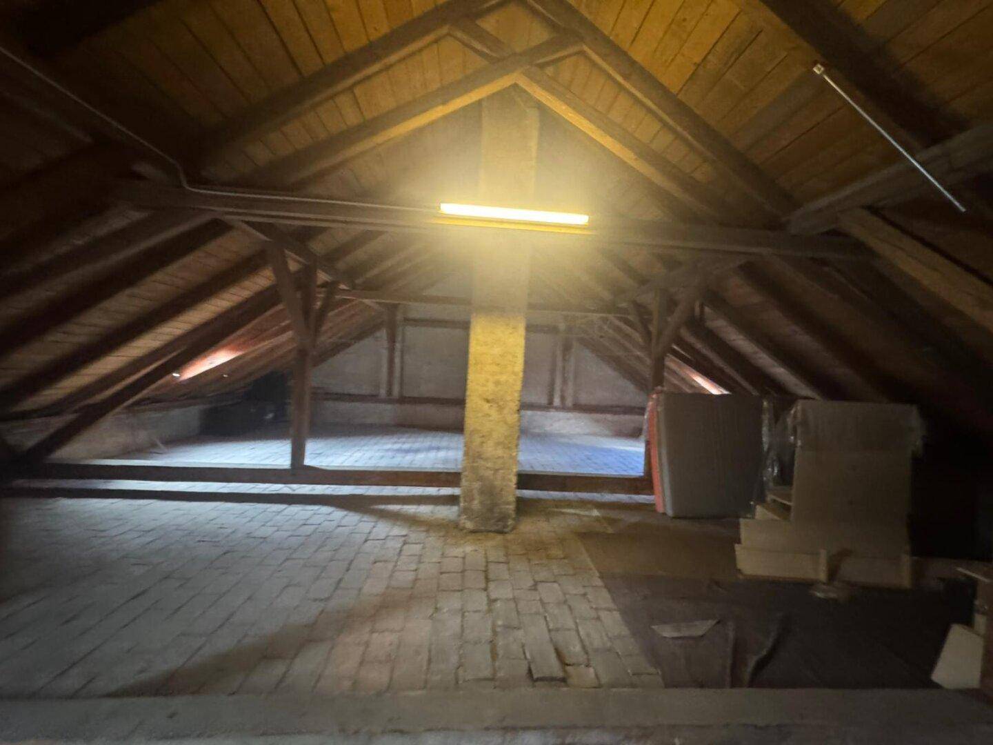Großer Dachboden mit sichtbaren Holzbalken und Ziegelboden, beleuchtet von einer Leuchtstoffröhre.