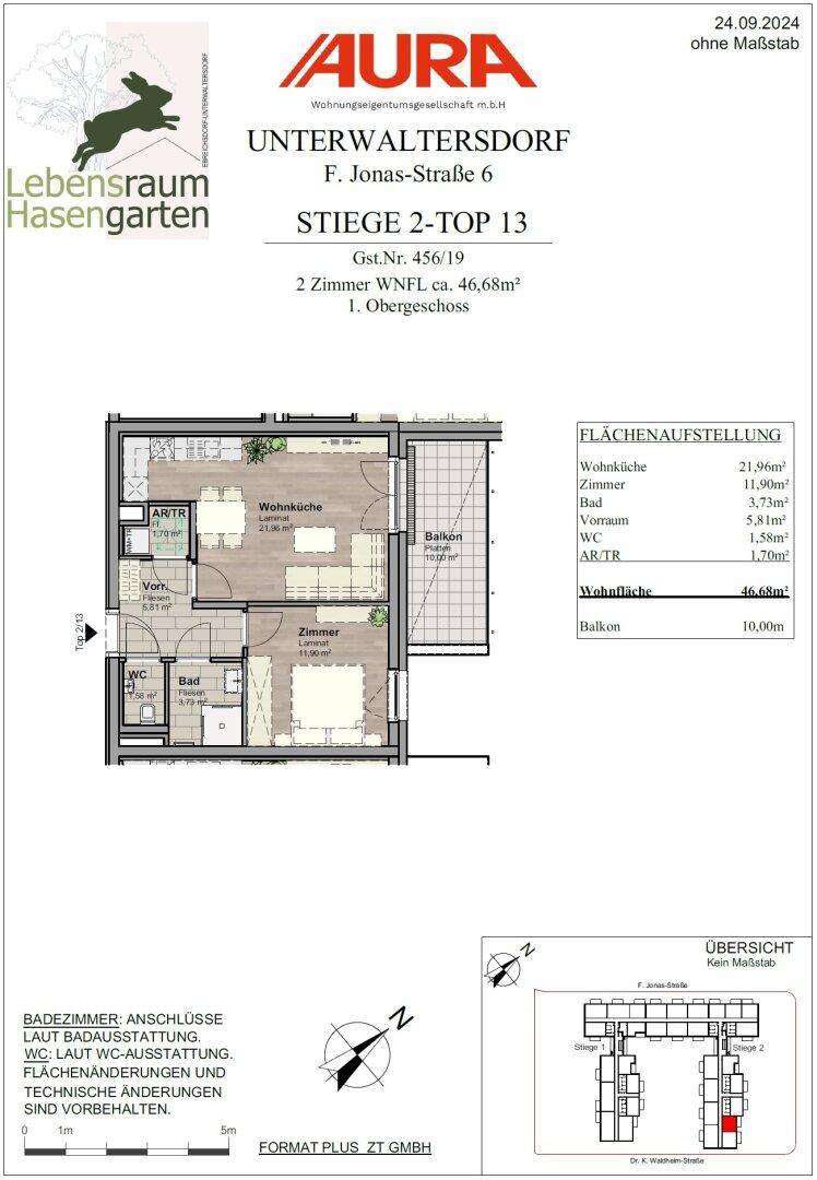 Grundrissplan einer 2-Zimmer-Wohnung mit Balkon und detaillierter Flächenaufstellung.