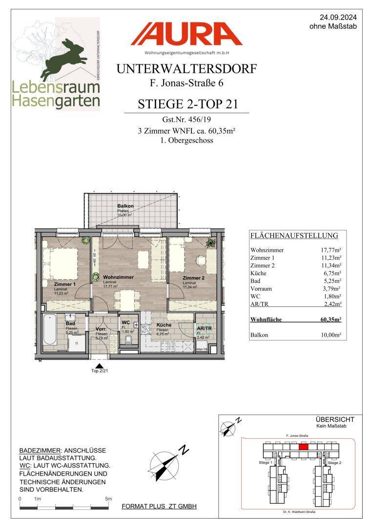 Detaillierter Grundriss einer Dreizimmerwohnung mit Balkon und Raummaßen.